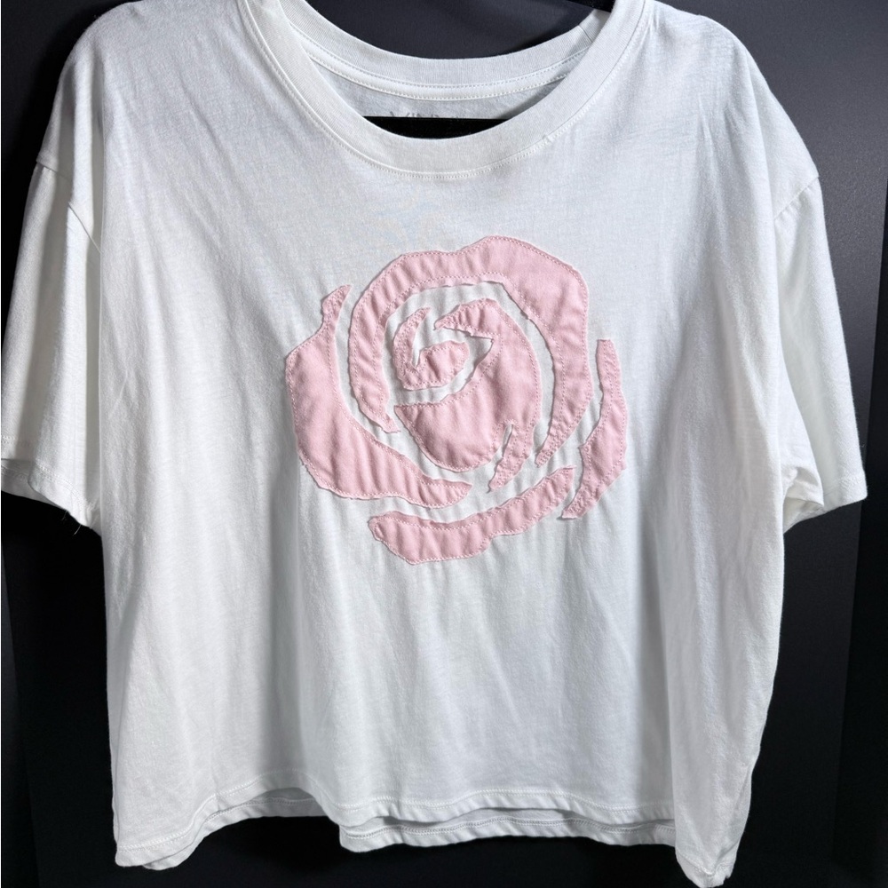 White and Pink Rose Embroidered Women's T-shirt Top